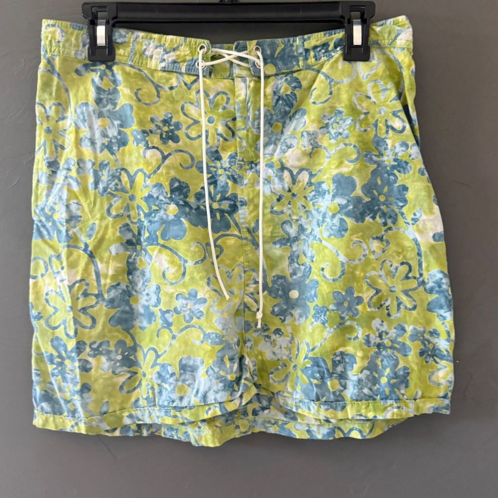 Ojai Womens Floral Mini Skirt Lime‎ Green Blue Tropical Lace Up Waist Size 6